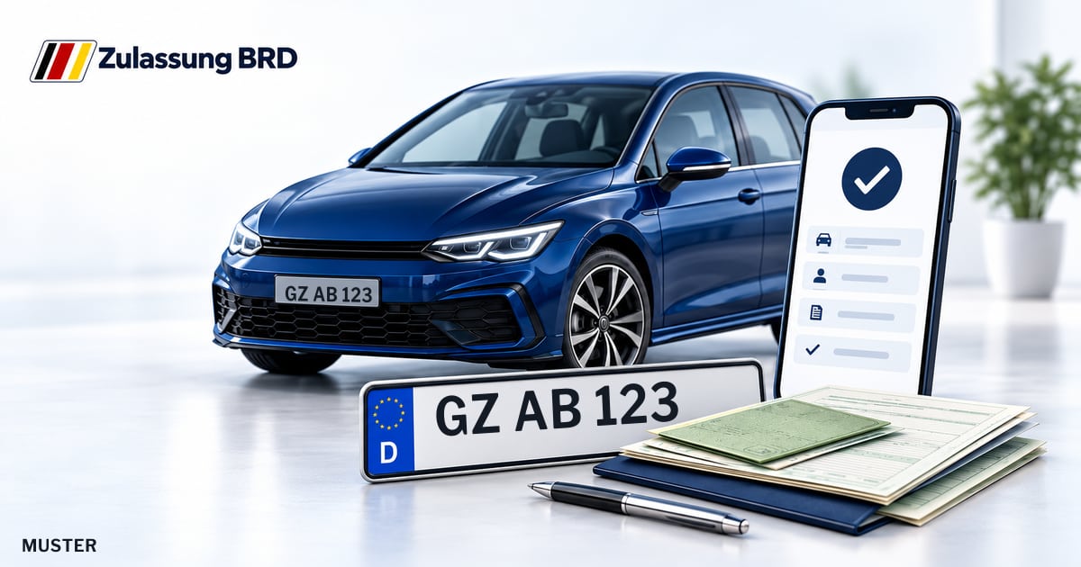 Online Fahrzeugzulassung in Landkreis Günzburg: Musterkennzeichen GZ AB 123, Auto und Fahrzeugpapiere und Smartphone. Illustration mit Logo von Zulassung BRD.